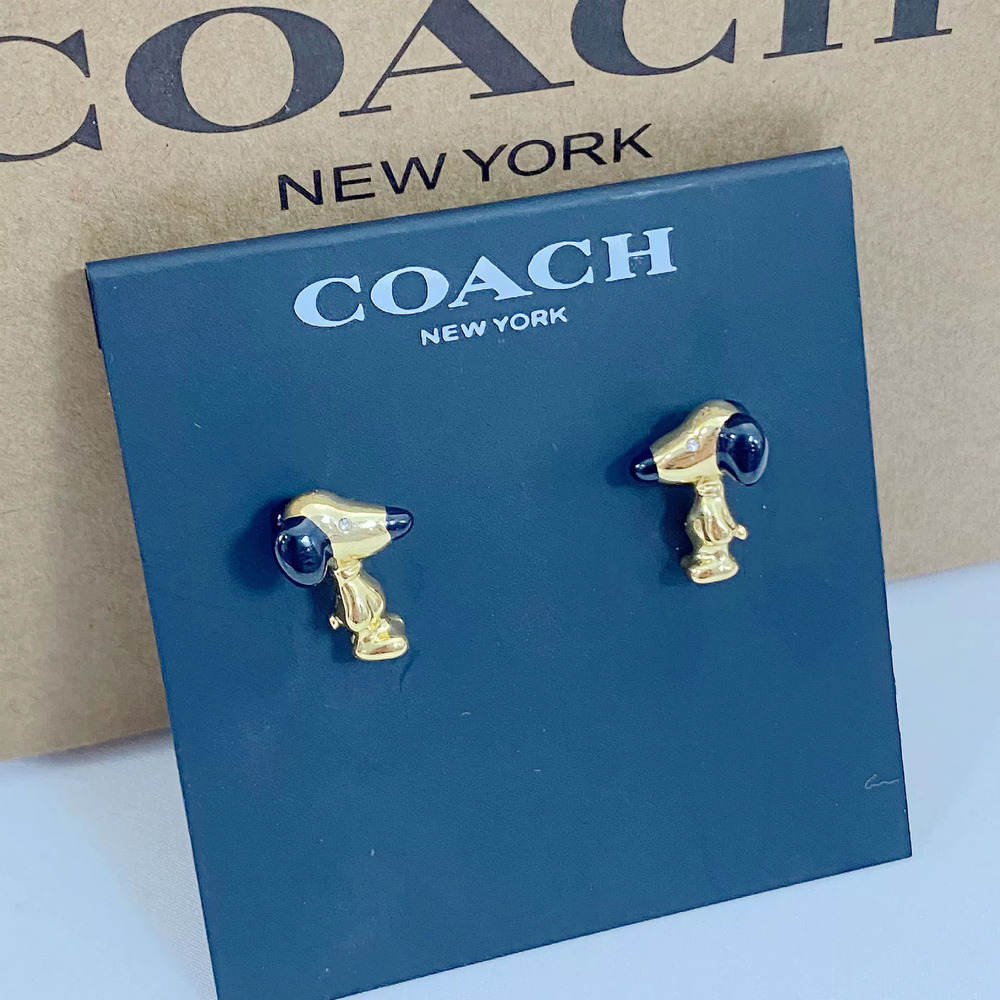 Coach Snoopy Earrings Gold Plated Copper Silver Post Rhinestone